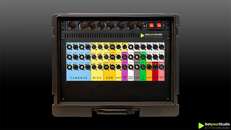Rear view of the GetyourStudio PRO XL Studio-in-a-Box flight case showing all professional connections and easy access