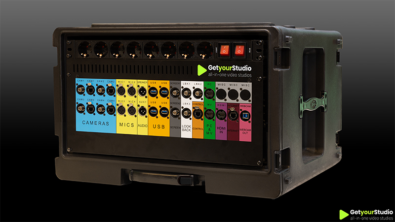 Front view of the GetyourStudio flight case showing the color coded connection panel for easy setup.